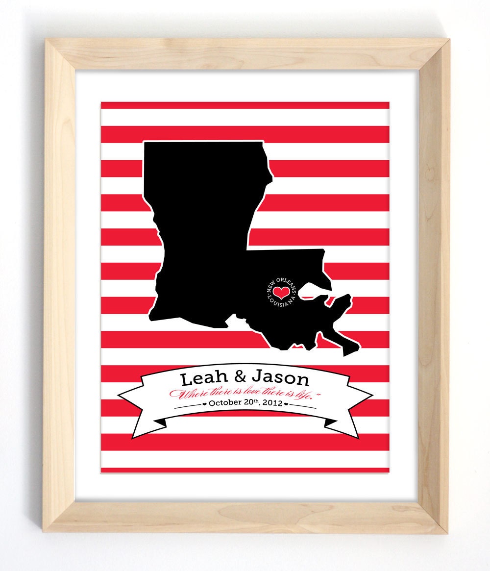 Louisiana State Wedding Print - Modern Wall Decor - Your Choice of City, State and Colors
