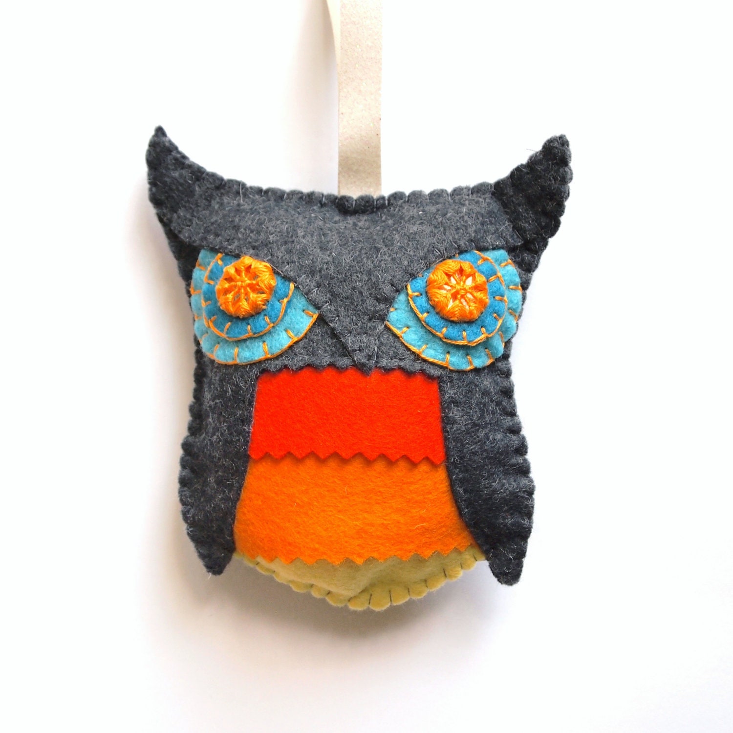 Felt Owl Ornament--Grey, Yellow, Orange, and Teal