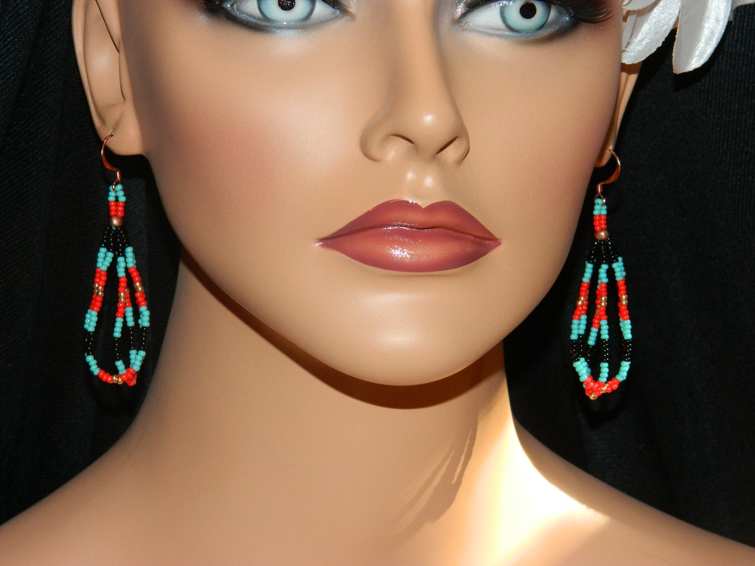 Native American Beaded Triple Loop Earrings with Copper