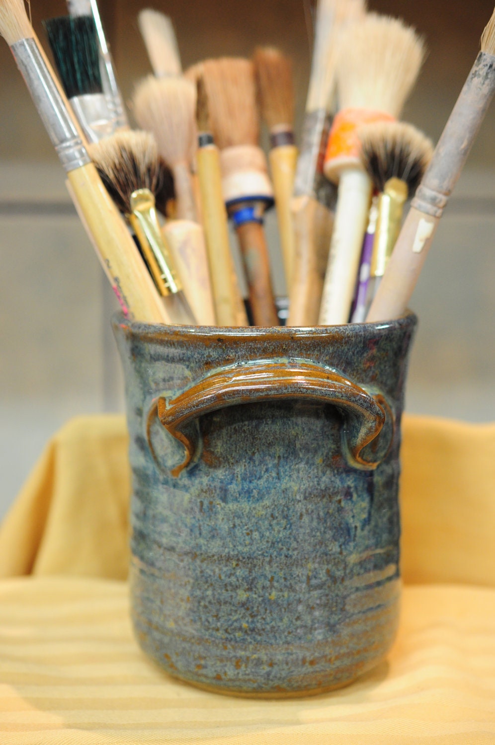 5" Tall Stoneware Pottery Utensil/Paintbrush Holder in Antique Iron High Fire Glaze.