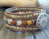 Snakeskin Agate Beaded Leather Cuff Bracelet, Southwest Chic, Beaded Leather Wrap Bracelet, Gemstone leather bracelet, Southwest Jewelry