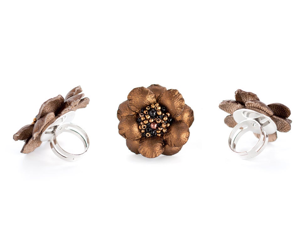 Adjustable ring, flower ring, Gold Ring flower, Leather ring, Leather flower, Teens leather accessory, Gift for her