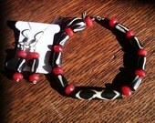 Ruby & Bone Sterling Silver Bracelet Earring Set faceted red ruby earrings black carvrd bone bracelet