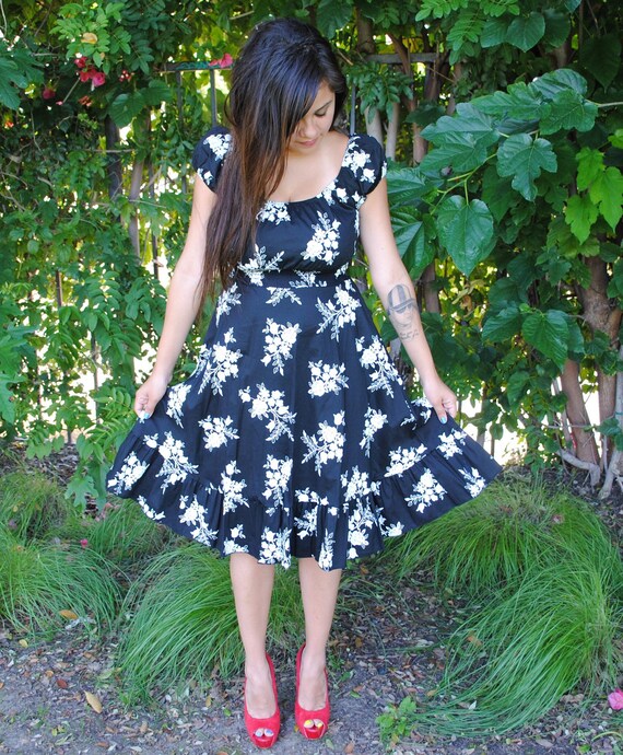 Womens Dress, Black with White Floral Design, Rockabilly, Pin Up  & Retro style