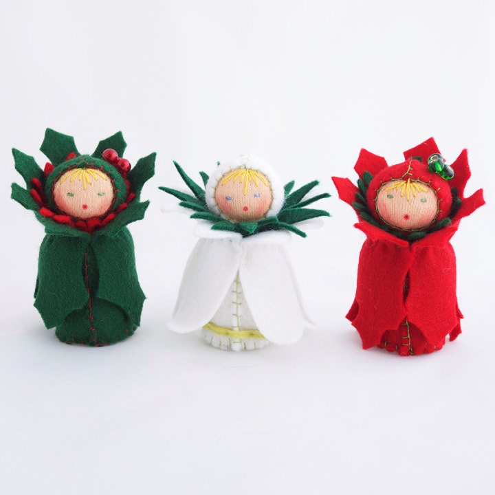 Christmas Felt Ornaments - Miniature Dolls - Green Red White Flower Decor
