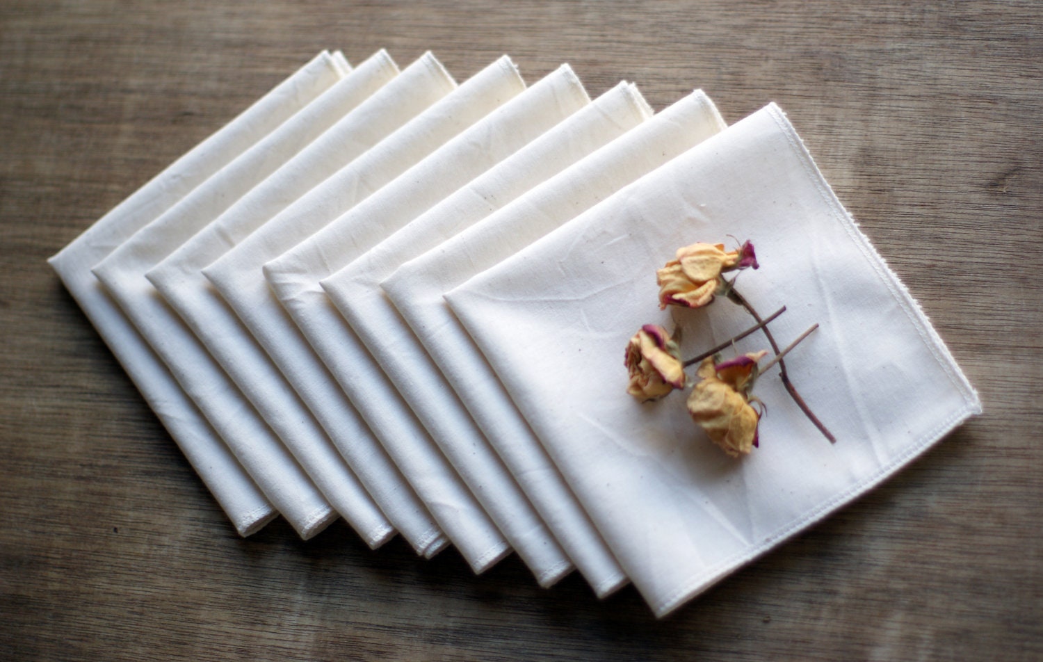 Organic Unbleached Cotton Muslin Handkerchiefs  Set of 8 Eggshell Border - Alternative to Facial Tissues Natural Hanky Eco Friendly