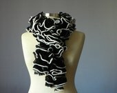 Knitting ruffle scarf, handmade neckwarmer, autumn women accessories, winter fall fashion, valentine's day gifts idea, black and white