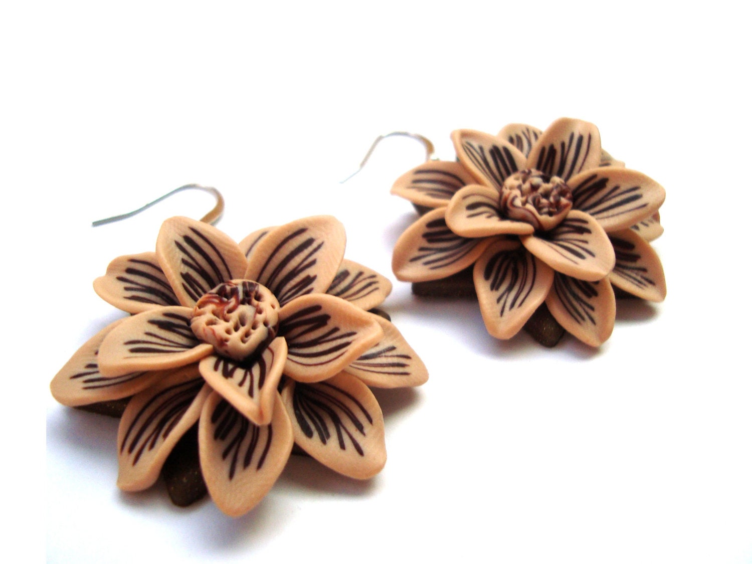 Polymer Clay Nude Beige and Brown Flower Dangle Drop Earrings. Silver Tone Earwire. Hand Crafted Flower Jewelry