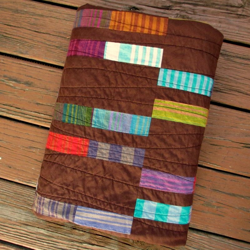 Handmade Brown Lap Quilt, Modern Quilt, Cotton, Woven Stripes