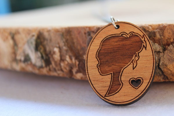 Wood laser cut pendant necklace - heart and girl silhouette oval cameo