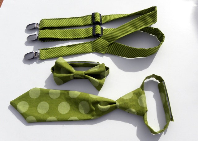 ON SALE- Green Lil Boy Suspenders Set includes  Suspenders, Necktie, and Bow Tie - Sizes newborn to 10 years.
