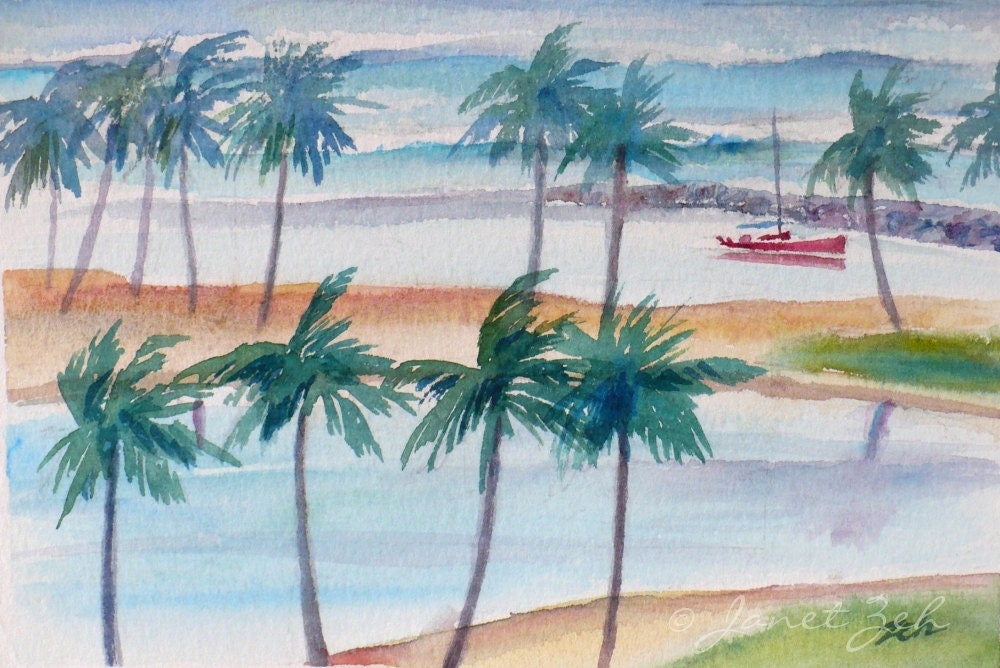 Waikiki Original Watercolor Seascape Painting Hawaii Beach Janet Zeh 5x7
