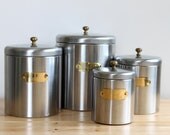 Bristol Ware Canister Set - Silver Aluminum Nesting Canisters with Brass Name Plates (Set of Four)