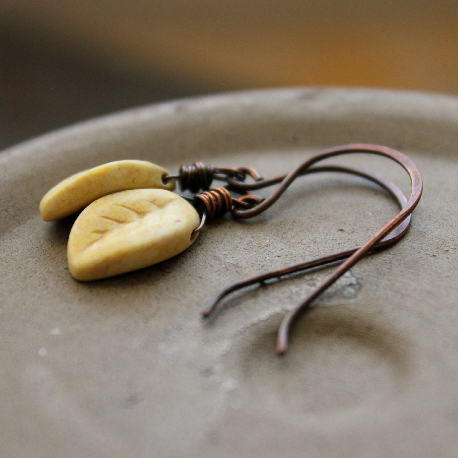Yellow Stone leaves wire wrapped with antiqued copper pale yellow carved stone