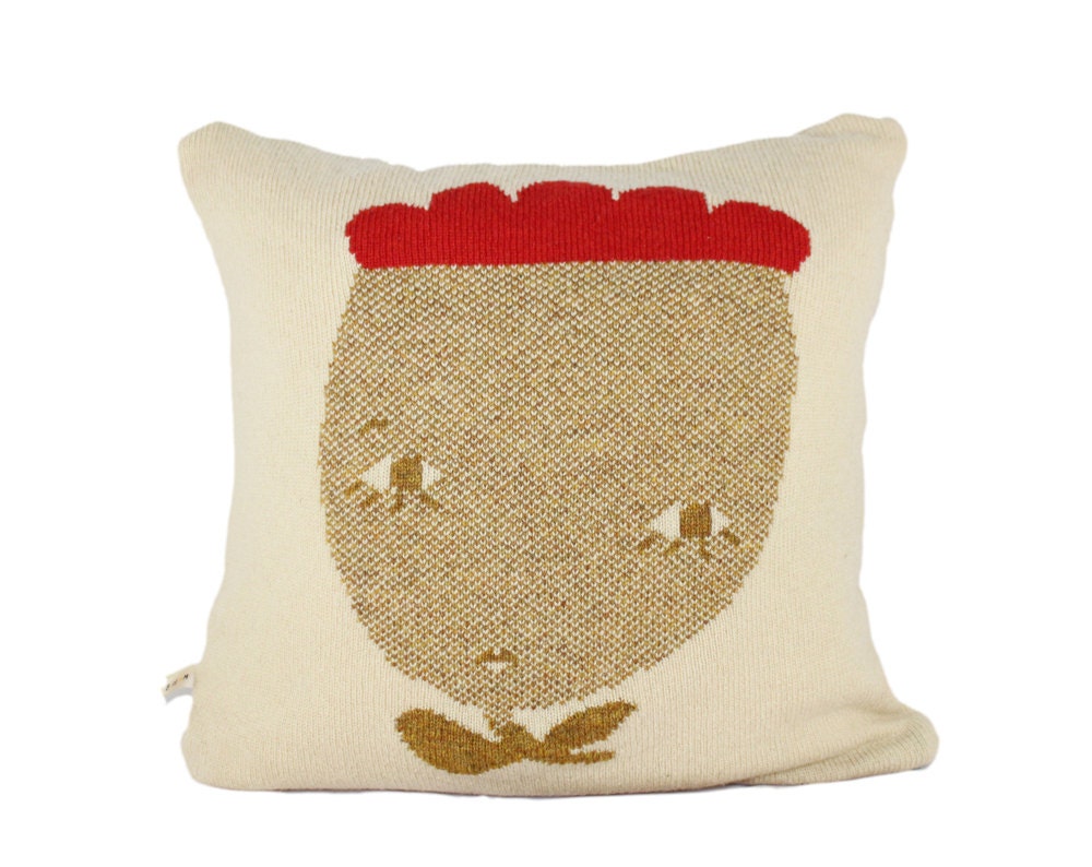 Decorative Pillow -Garden Friends III - soft knitted pillow - cream,mustard yellow, red 16"x16", includes insert