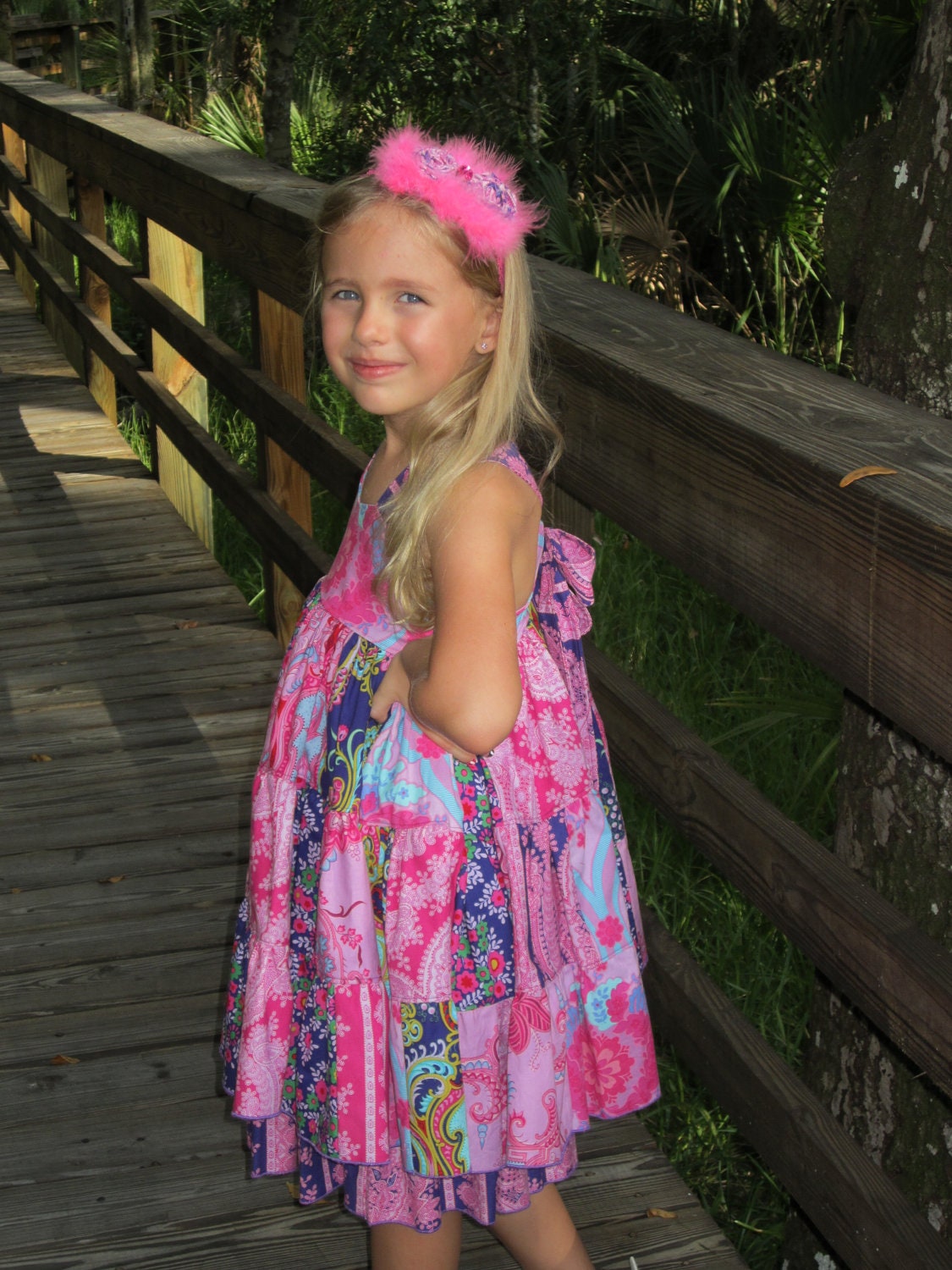Crazy Love Patchwork Twirl Boho Dress Size 6 Three Tiers Two Layers Tie Back Adjustable Straps Handmade Ready to Ship