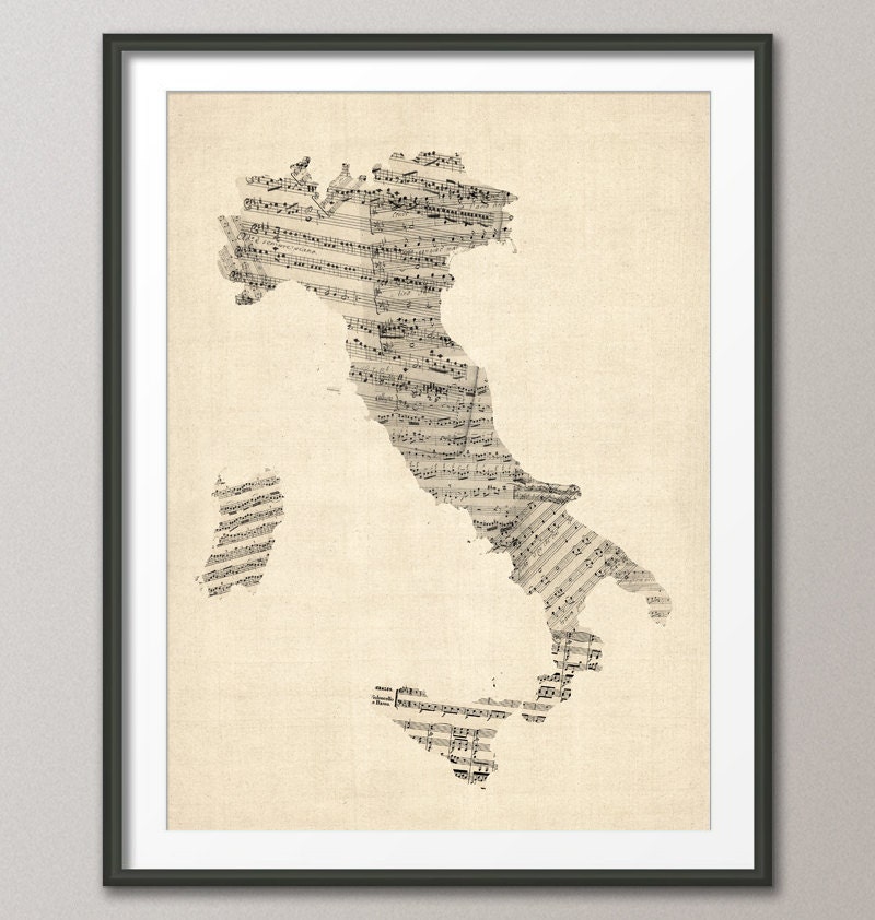 Old Sheet Music Map of Italy Map, Art Print 18x24 inch (907)