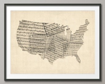United States Old Sheet Music Map USA, Art Print 18x24 inch (908)