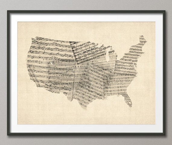 United States Old Sheet Music Map USA, Art Print 18x24 inch (908)