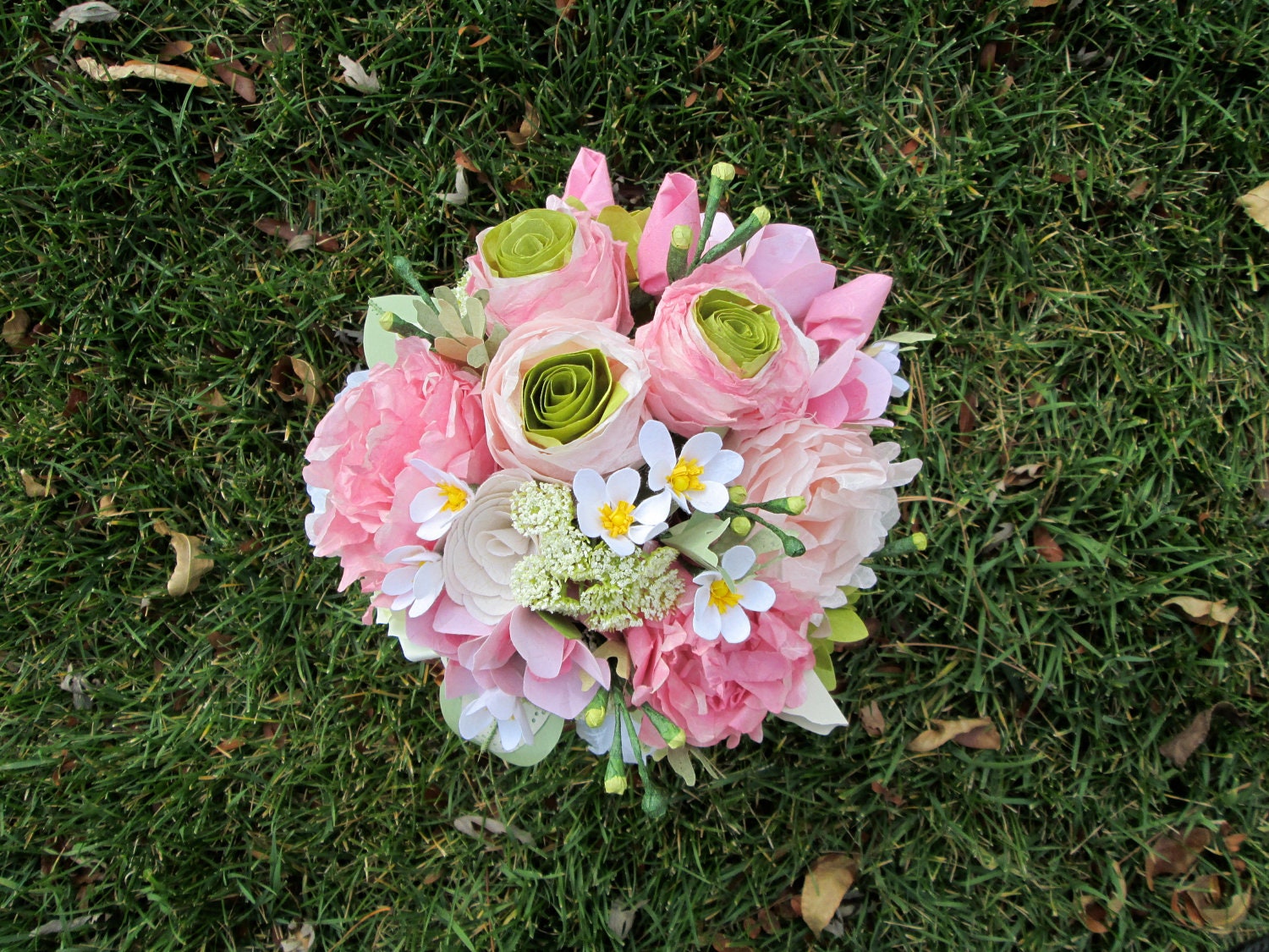 Crisp Pink Peony, Ranunculus  and Cherry Blossom Wedding Bouquet with Dusty Miller--- By Lovelee Flowers