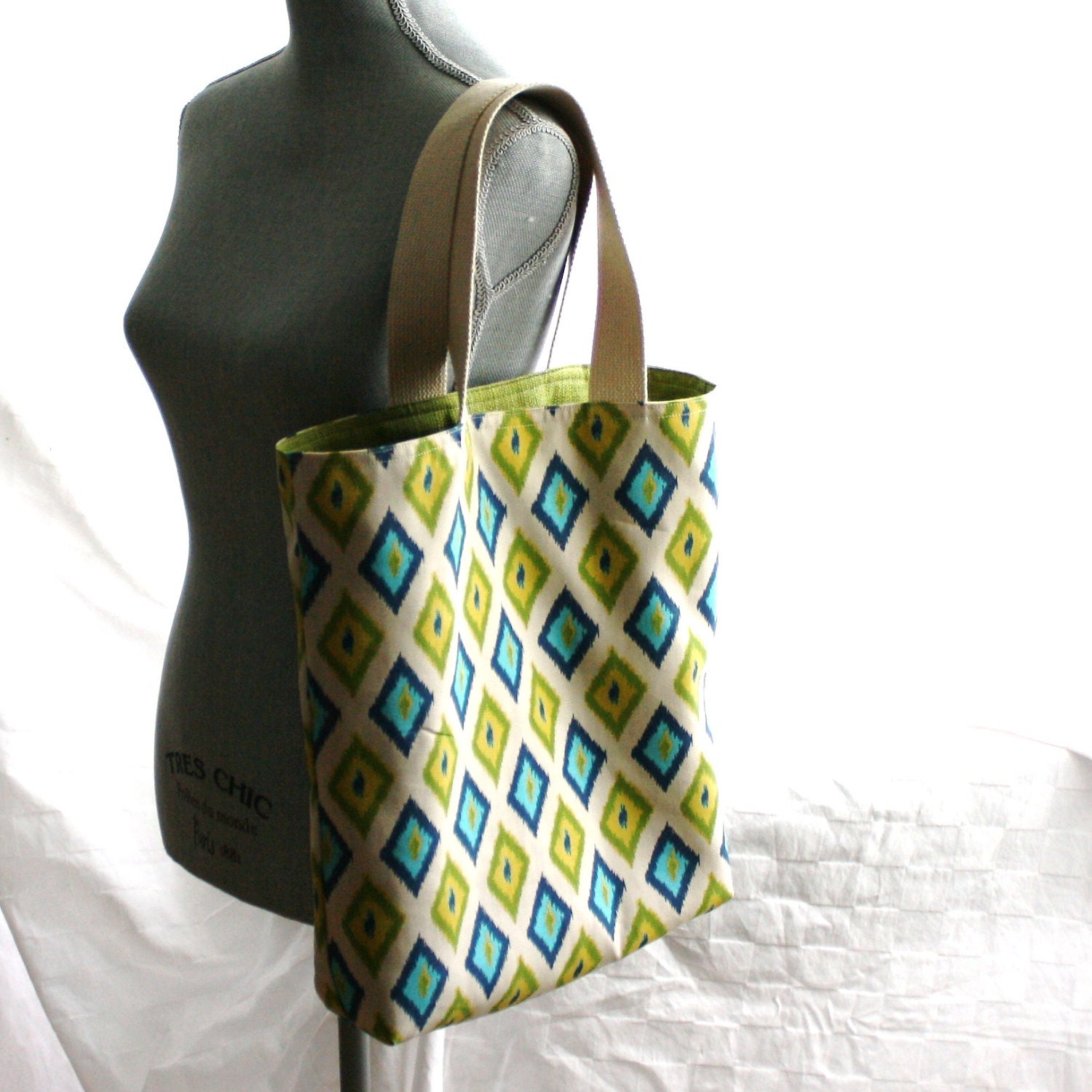 Market tote bag in green and blue ikat print. Reversible ikat tote bag. Large 14 x 16 book bag carry all