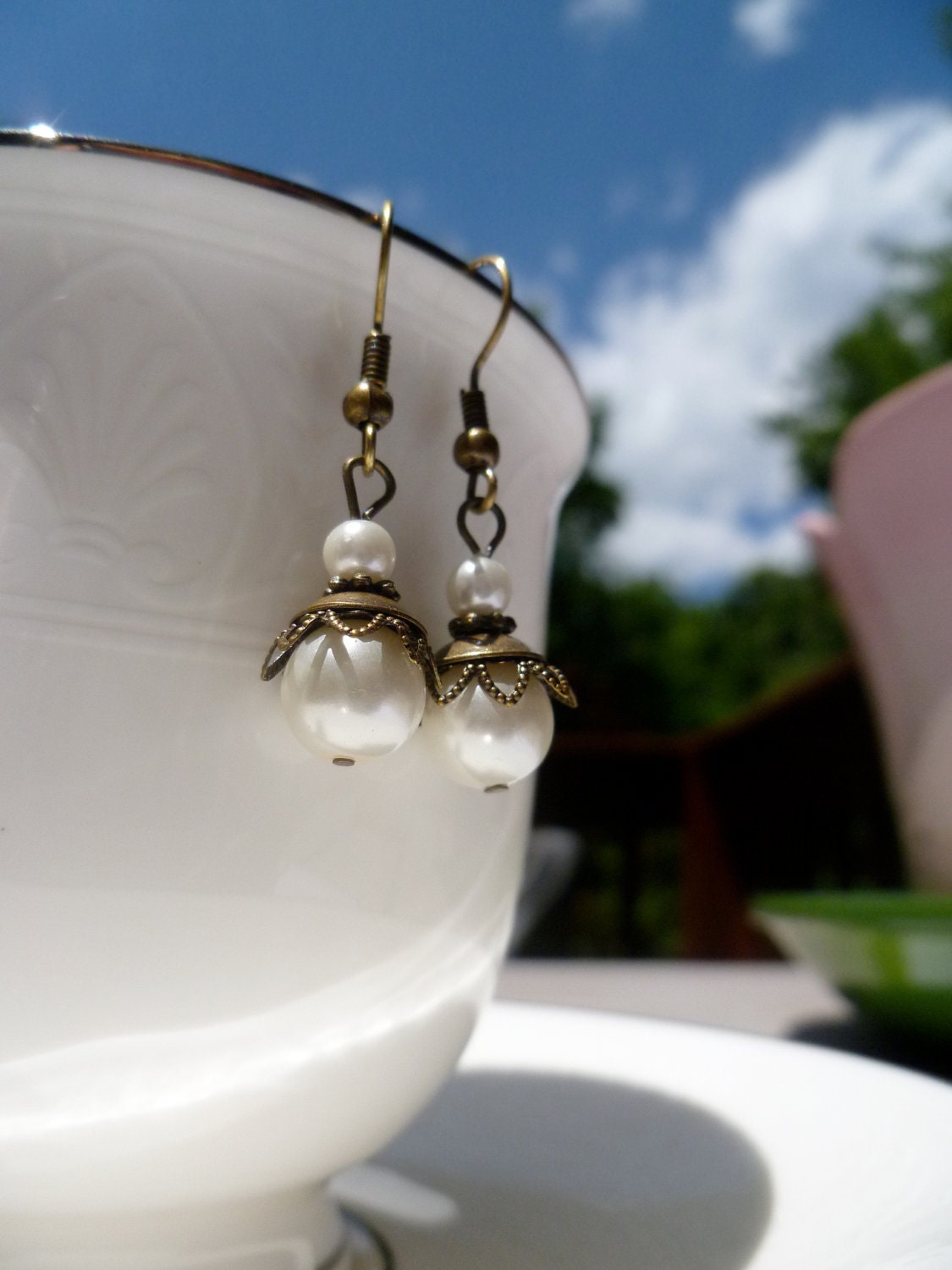 Pearl Dangle Earrings with Bronze Accents