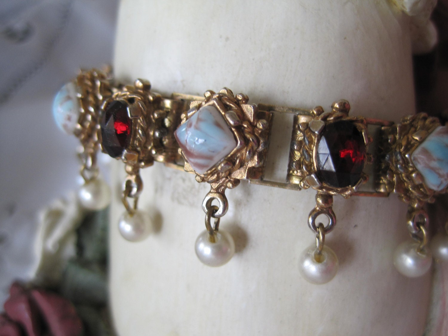 Garnet Turquoise Pearl Rhinestone Vintage Bracelet
