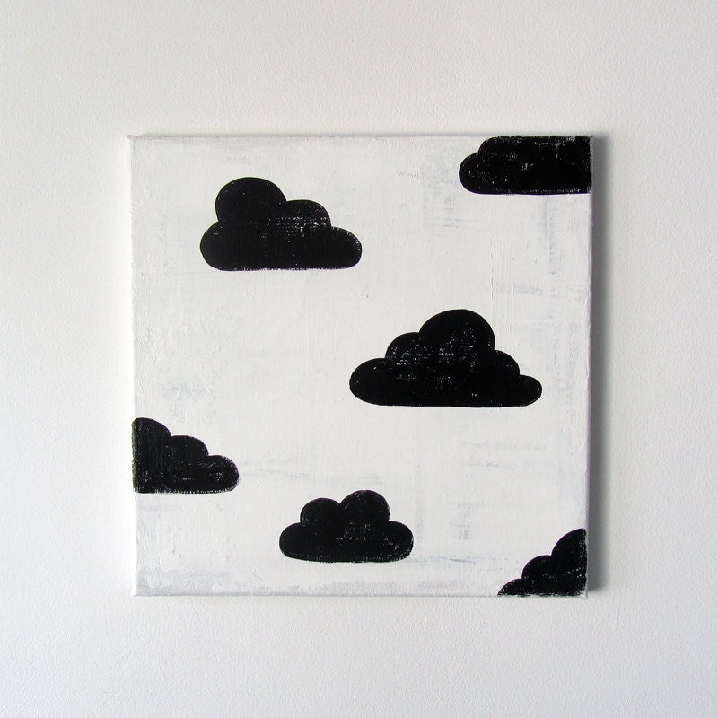 No. 0035 - Black and White Cloud Modern Art Nursery / Kids Painting - 12" x 12" on regular depth canvas