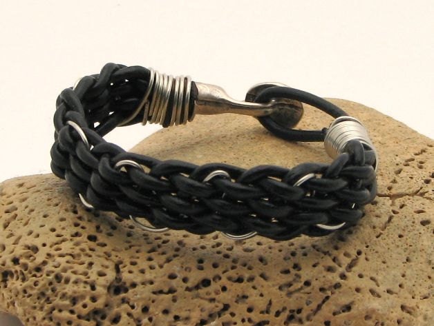 FREE  SHIPPING.Unisex leather bracelet. Black leather and wire  braided bracelet with silver plated clasp .  for men or women
