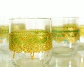 Moroccan Styled Set of 4 Tumbler Glasses, Wrapped in Varying Shades of Green Tint with Golden Detailing