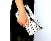 30% SALE Fold Over Clutch, White and Black Clutch, Fall Fashion Handbag,  Cosmetic Bag, Make up Pouch