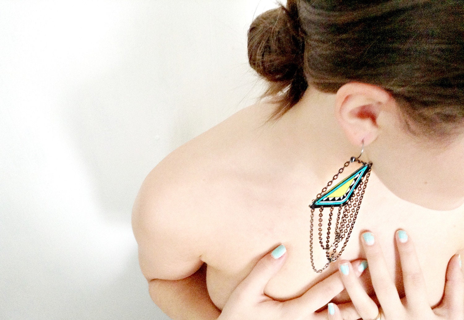 Geometric Chain Earrings / Chandelier Earrings / Neon / Tribal / Chartreuse / Aqua / Shrink Plastic Jewelry / Wearable Art
