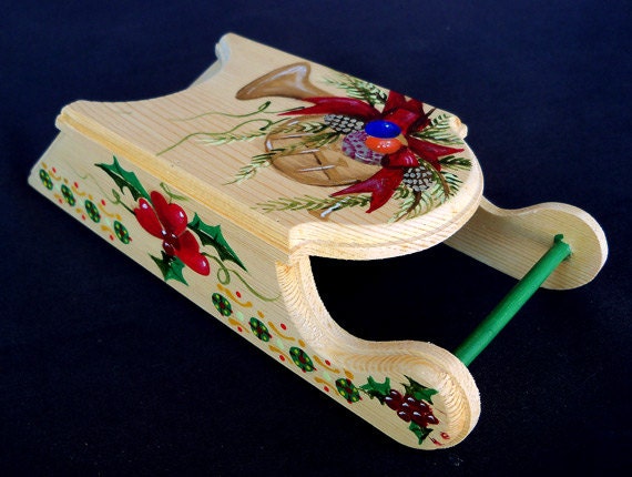 WOODEN CHRISTMAS SLEIGH Hand Painted Tree Ornament