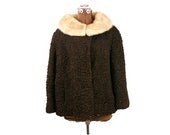 1950s Vintage Sheared Persian Lamb Fur Coat w Mink Trim / Brown M L XL