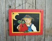 Scarecrow Painting.  Halloween Pumpkin.  Moon. Whimsical Art.  Fall Home Decor. Wall Decor. 9x12