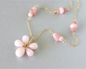 October Birthstone. Gemstone Flower Necklace, Pink Opal Drop Briolettes and Rondelles, Gold-filled Chain, Gold-filled Wire Wrapped. N066.