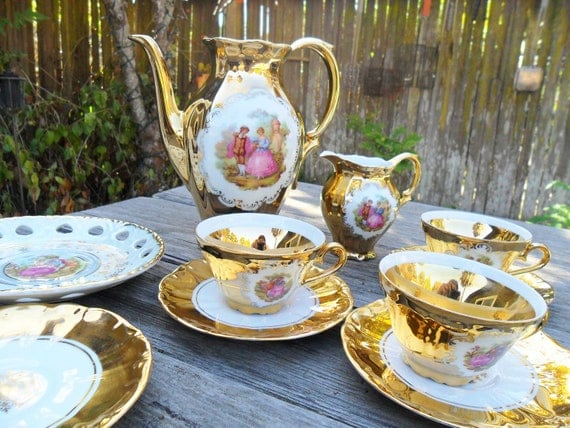 Vintage Tea Set Bavaria Gilt Demitasse 10 Piece STW Bareuther Waldssen