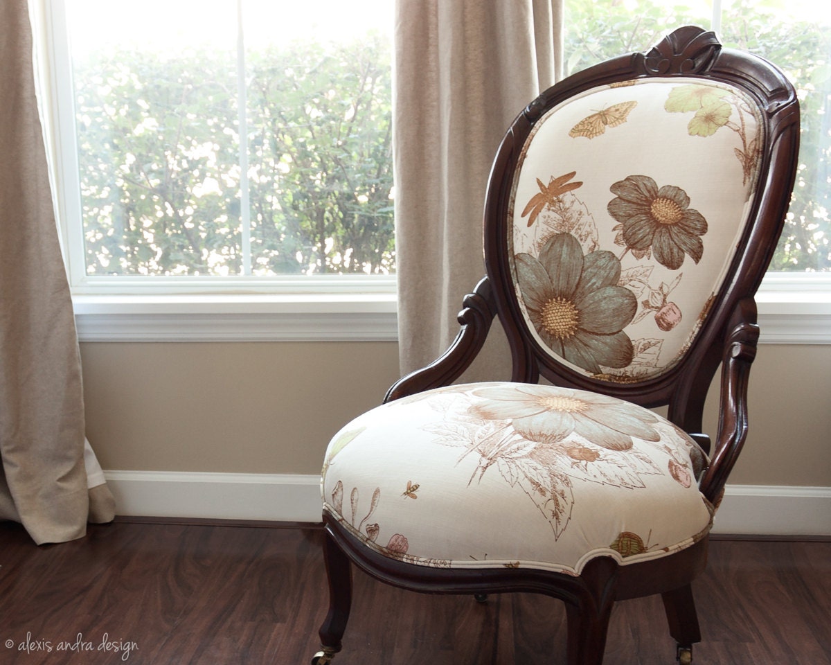 Hand Carved Antique Victorian Chair - classic upholstered unexpected cream vintage aqua green brown whimsical romantic country armchair
