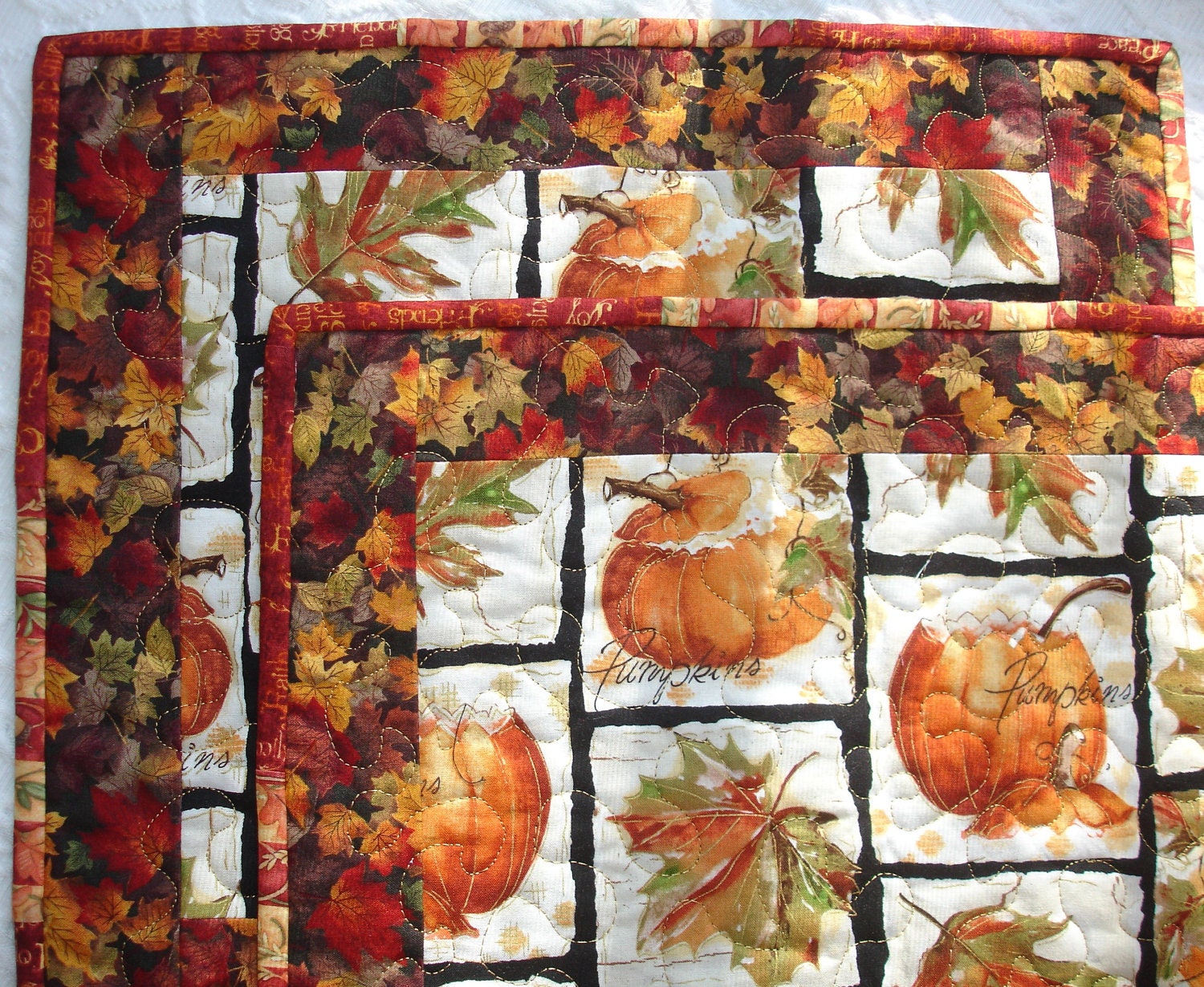 Fall Autumn Place mat Mini Quilt - Gold, Brown, Orange - Pumpkin, Leaves -  Set of 2