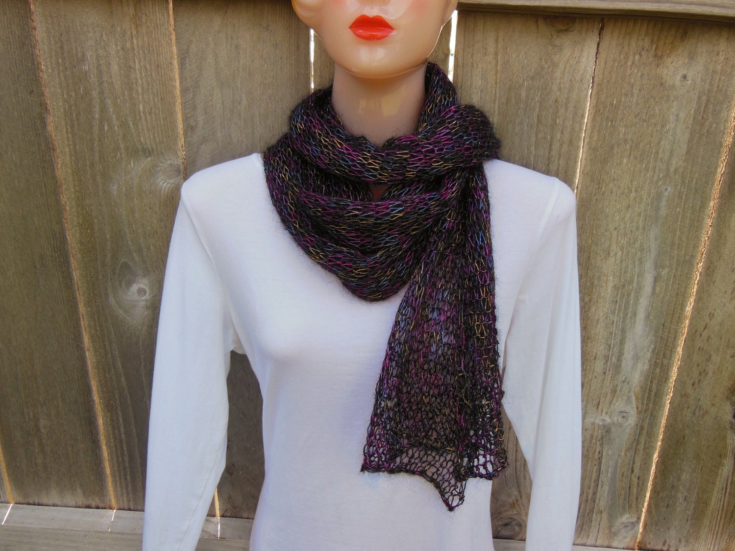 Knit Scarf. Hand Knitted Long Multicolored Scarf. Scarves. Black. Purple. Blue. Yellow. Pink.