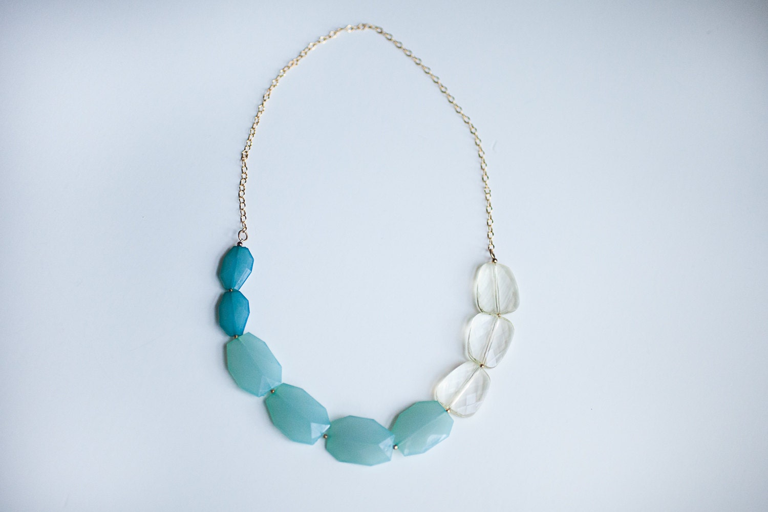 Mint, teal and pale yellow color block bib statement necklace
