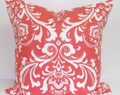 Coral Damask Pillow.16x16 inch.Decorator Pillow Cover.Printed Fabric Front and Back.Home Decor.Housewares.Cushion Cover