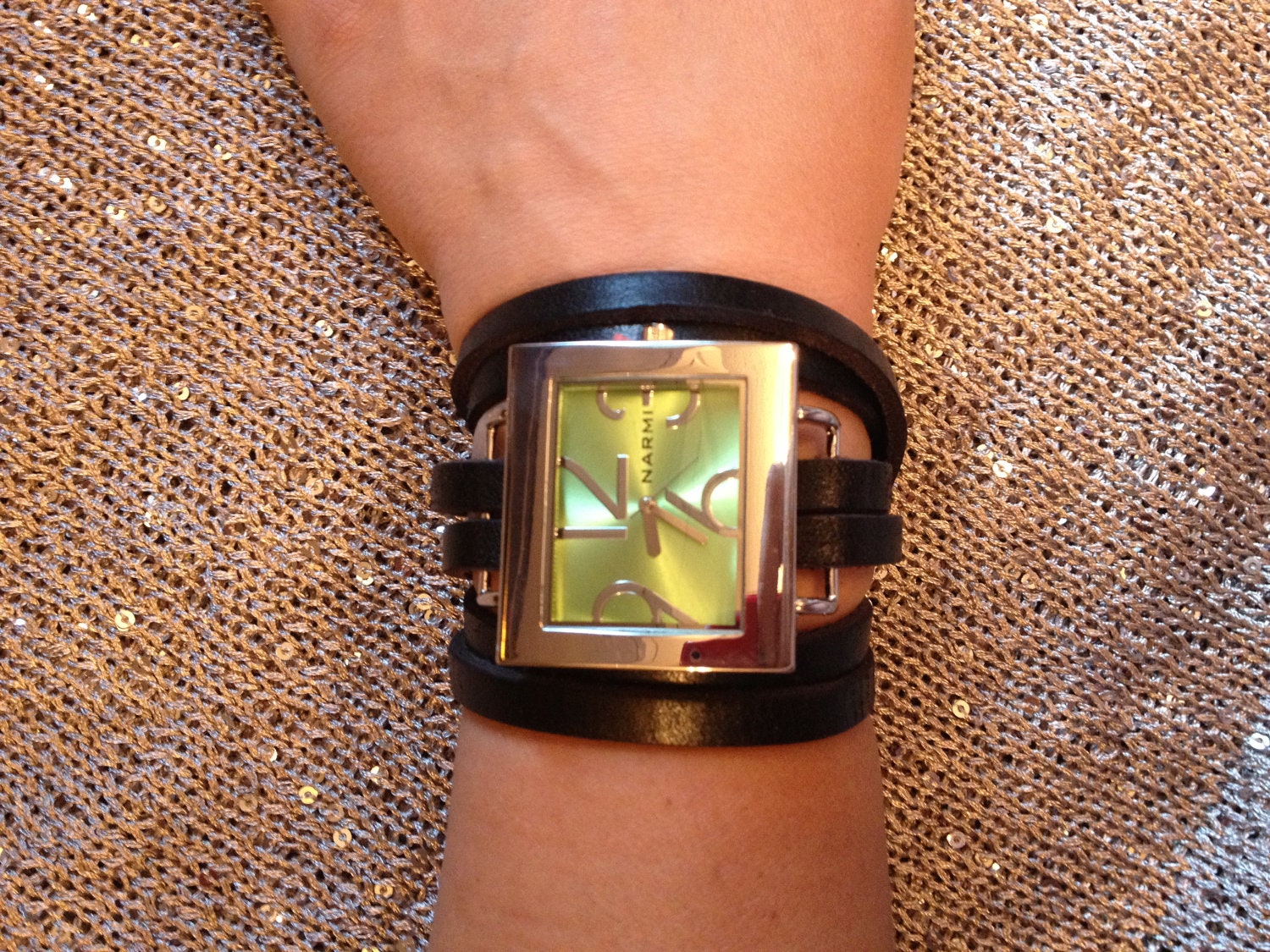 lime green wrap watch with leather band