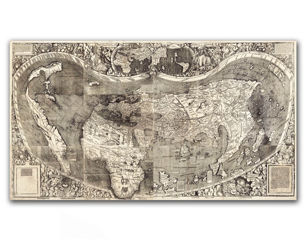 Giant World Map - 39" x 68'' (99x176 cm), Set of 12 13x17" maps printed on 12 parchment paper pieces, Waldseemüller map from 1507, America