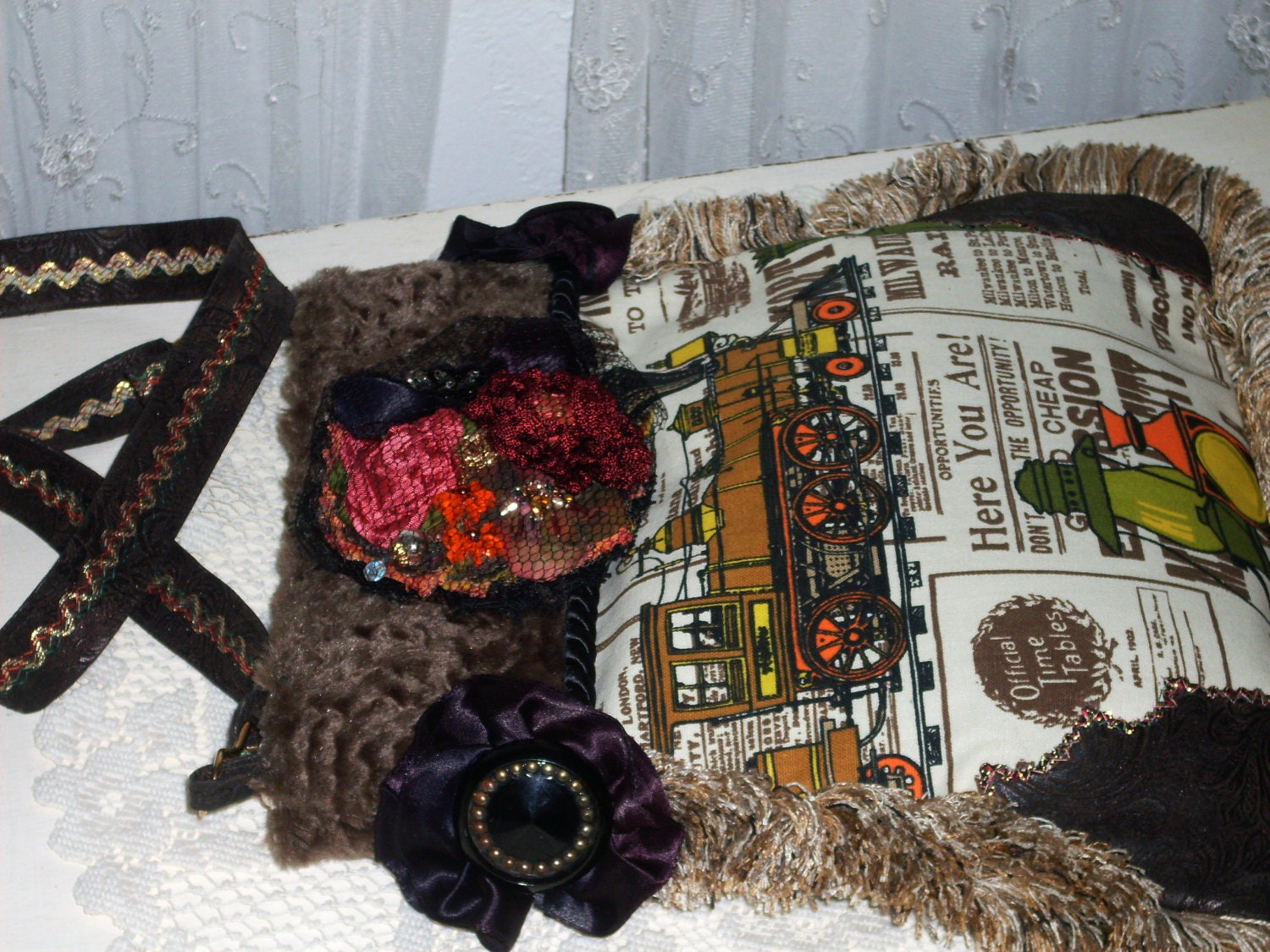 Steampunk Shoulder Saddle Bag Purse w Brooch Vintage Milwaukie Railway Northern Pacific Motif