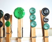 Vintage Button Clothespin Clips - Greens and Blues
