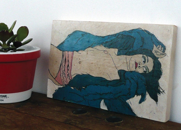 WOMAN WITH COAT - mixed media print on wood