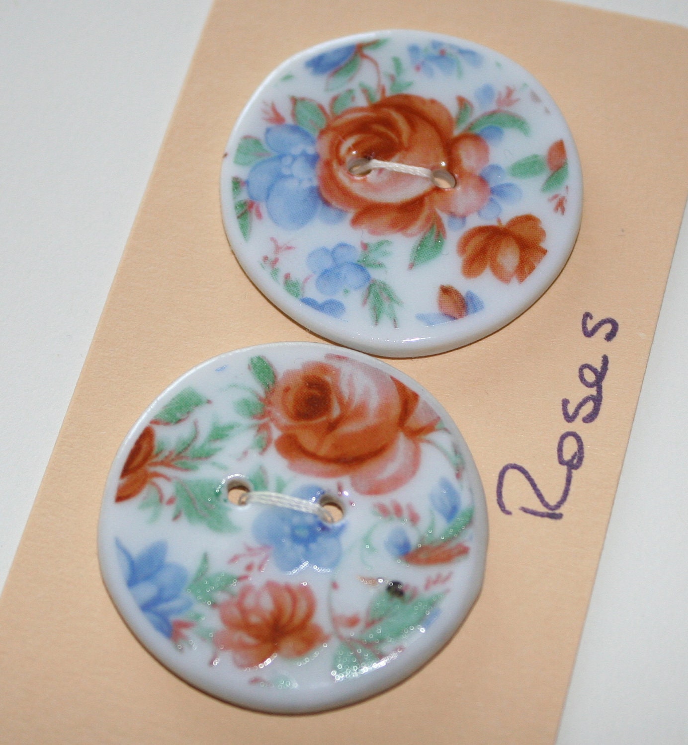 Porcelain ceramic buttons, red rose design, shabby chic flower decal.