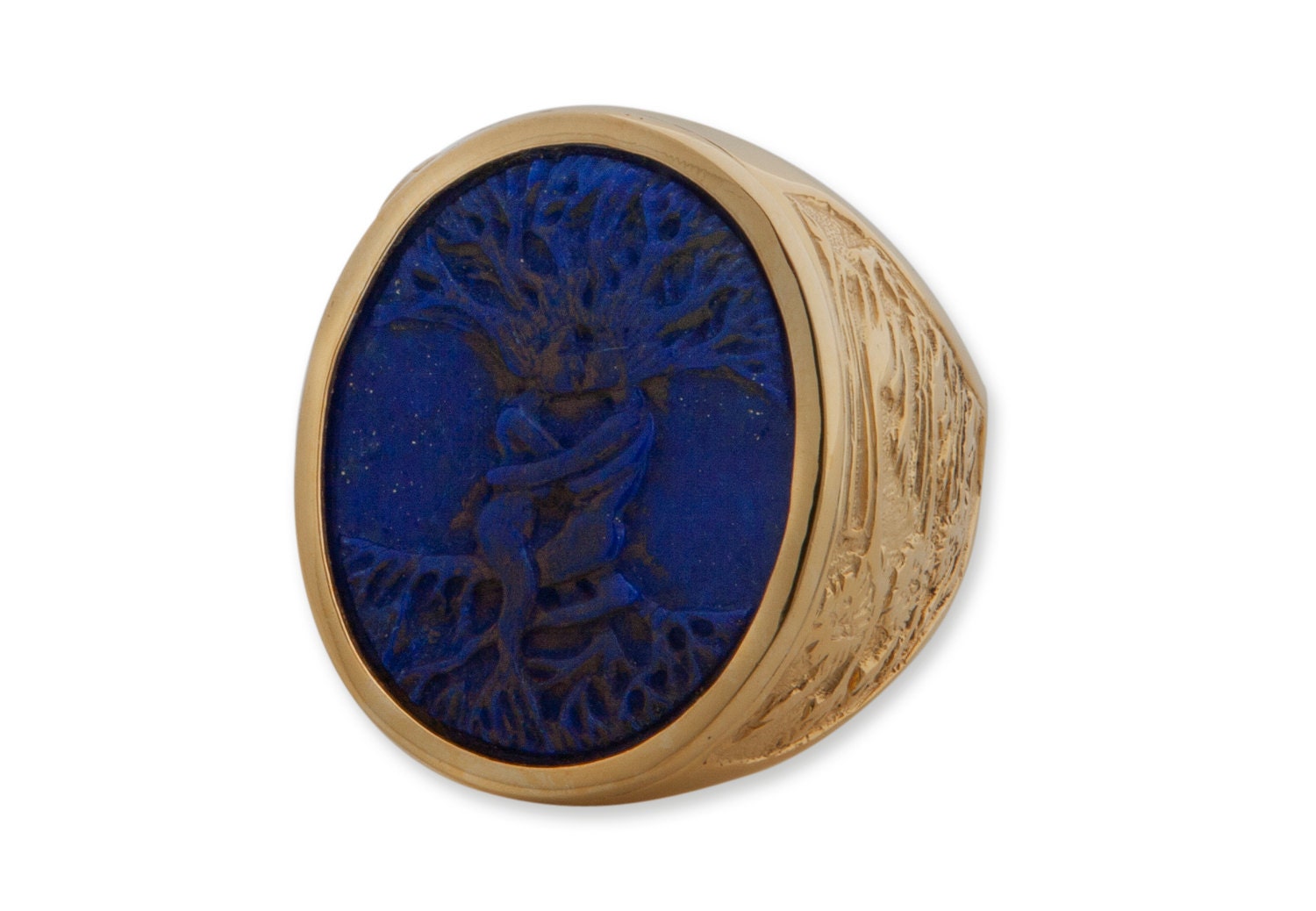 Lapis Tree Of Life Hand Sculpted Gold Plated Sterling Silver Ring