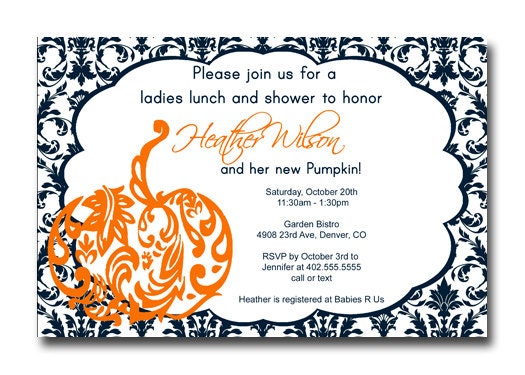 Orange Brown or Blue Damask Little Pumpkin Fall Thanksgiving Sprinkle Baby or Bridal Shower  Invitation Card  - You Print